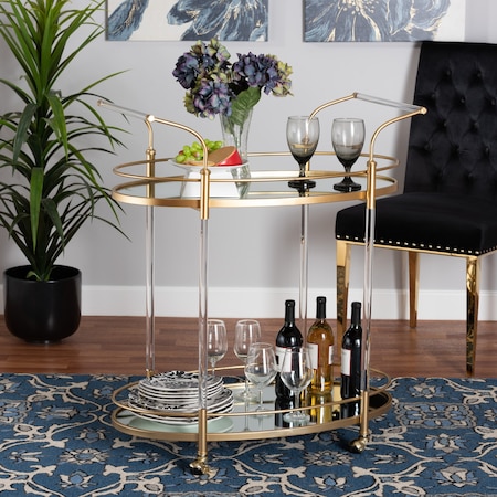 Nakano Contemporary Glam And Luxe Gold Metal And Mirrored Glass 2Tier Wine Cart